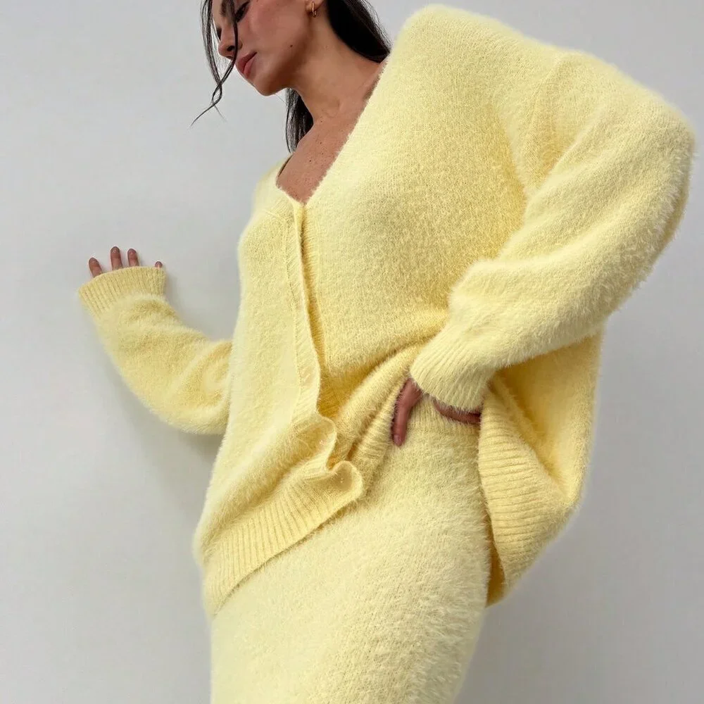 Yellow Casual Womens Oversized Long Sleeve Cardigan and Sweater Maxi Skirt set